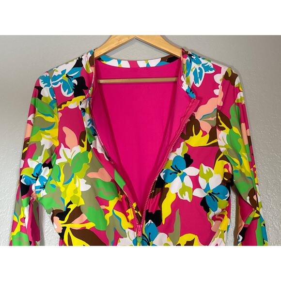 Anne Cole Floral Print Half Zip Rash Guard Swim Shirt Long Sleeve Swimsuit Sz 16 - Picture 3 of 10